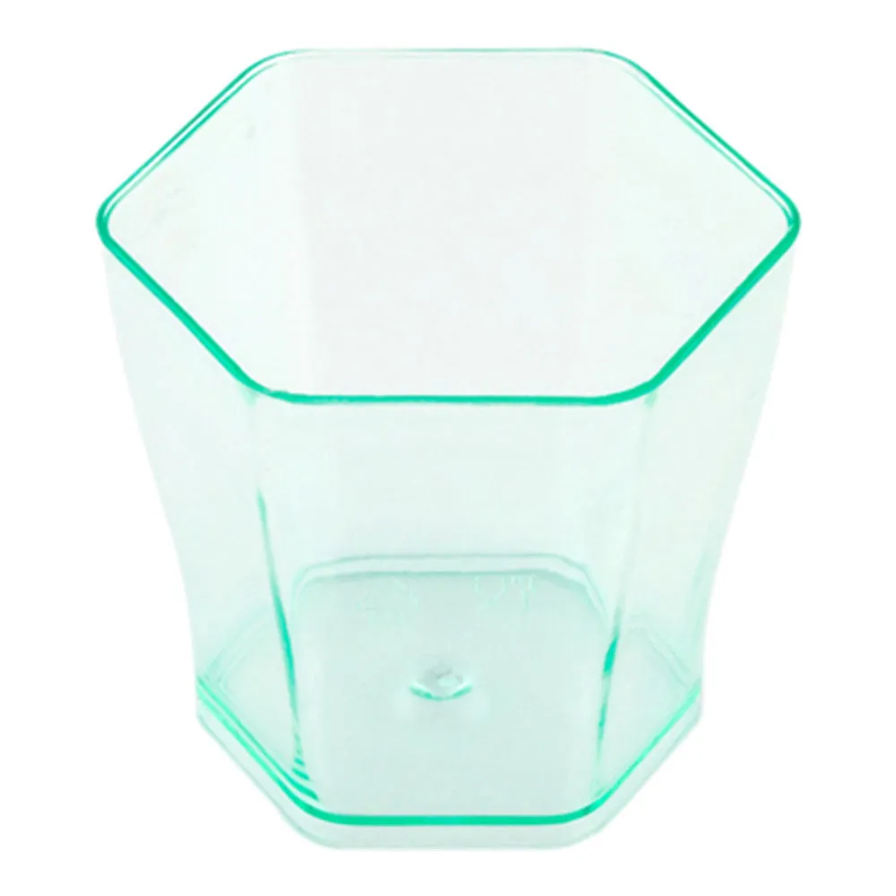 100 2 oz Hexagon Seagreen Plastic Glass and 100 Silver Plastic 4" Mini Forks