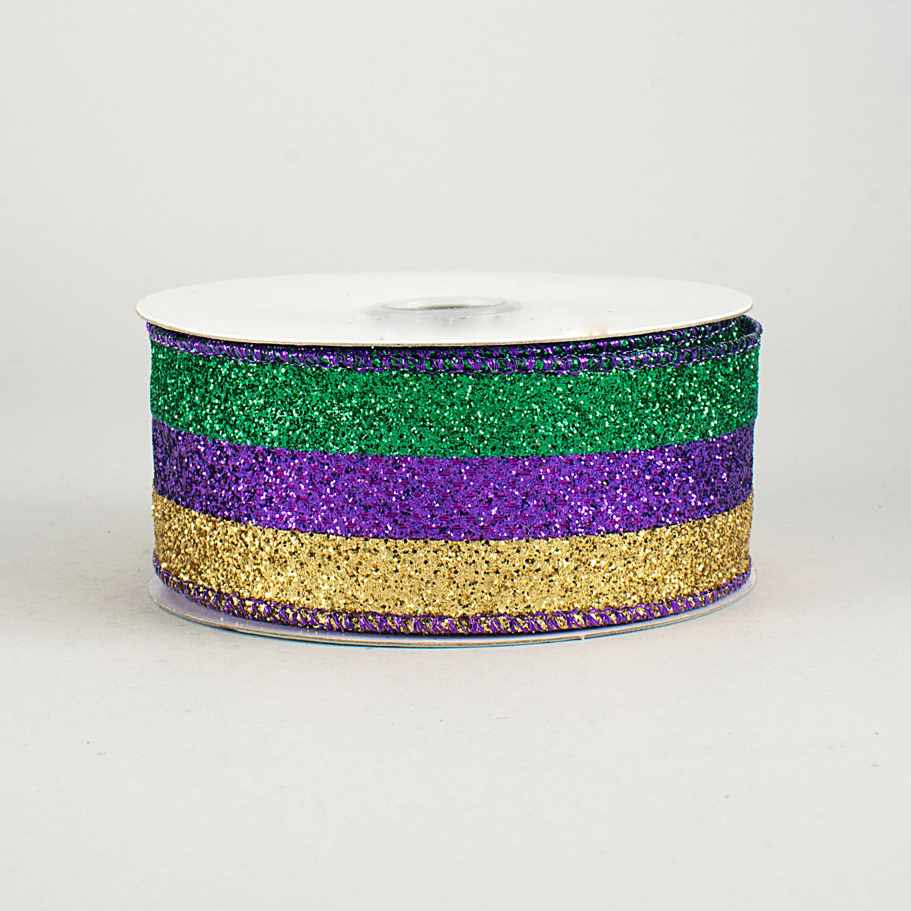 1.5" Glitter Stripe Ribbon: Purple, Green, Gold (10 Yards)