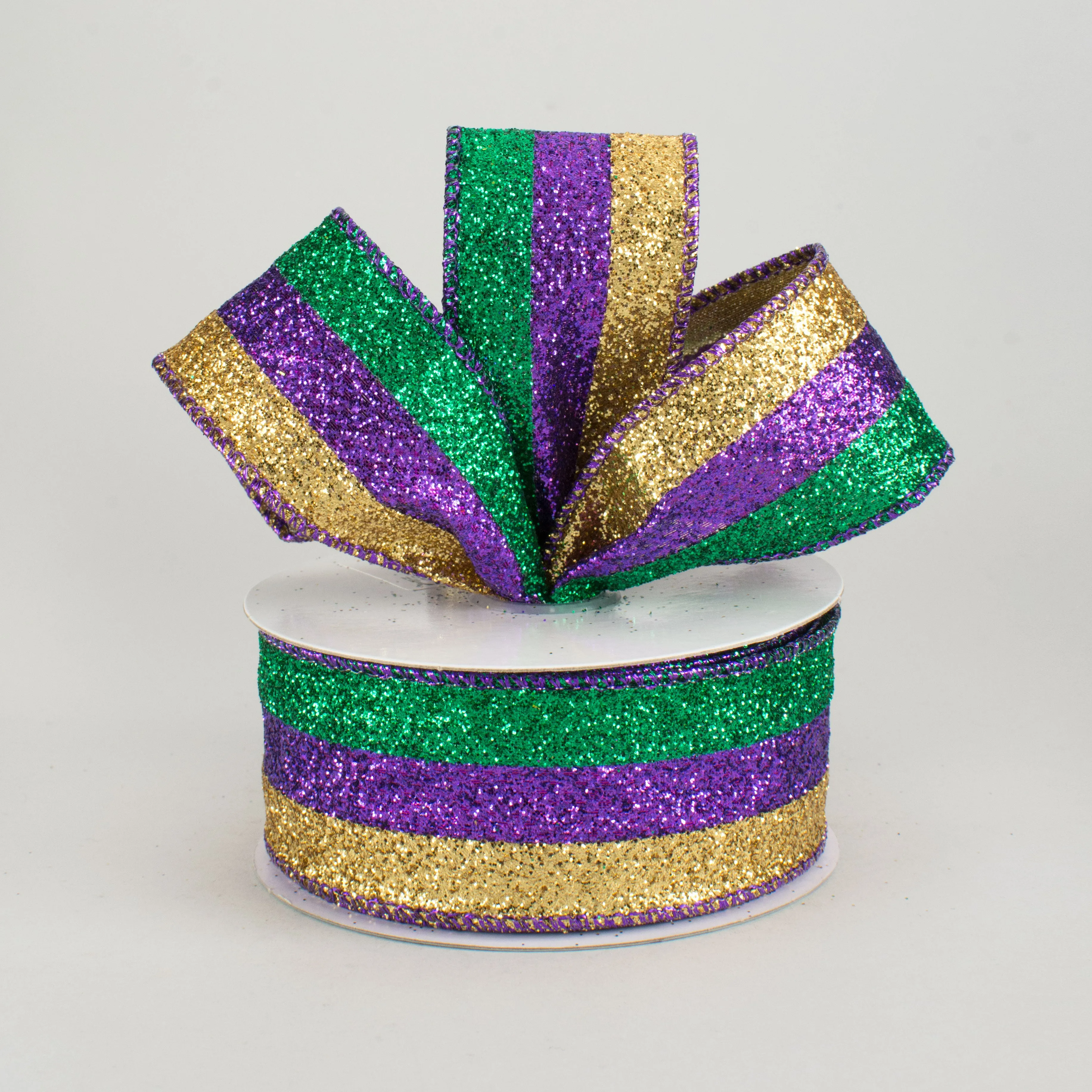 1.5" Glitter Stripe Ribbon: Purple, Green, Gold (10 Yards)