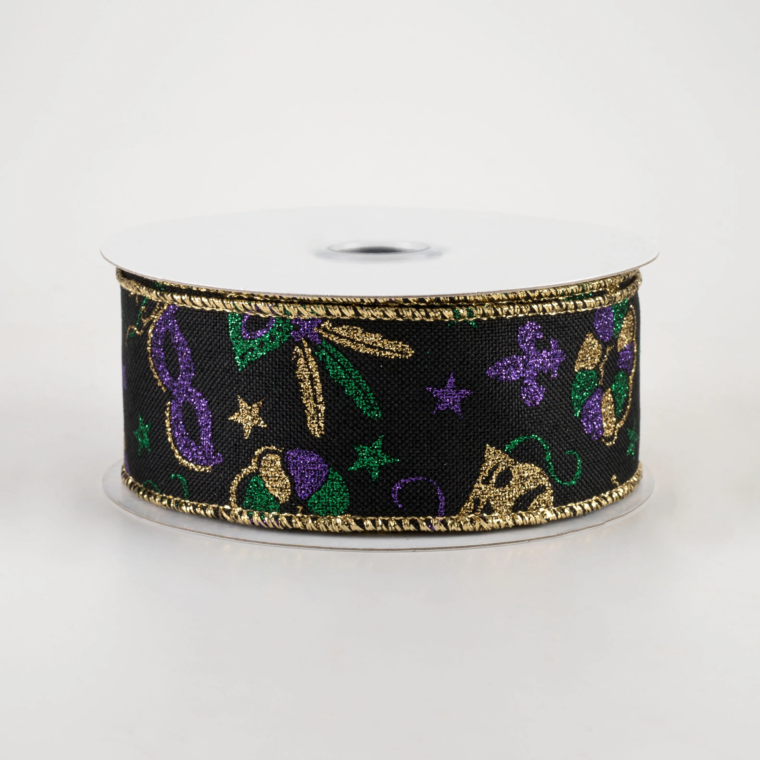 1.5" Mardi Gras Pattern Ribbon: Black (10 Yards)