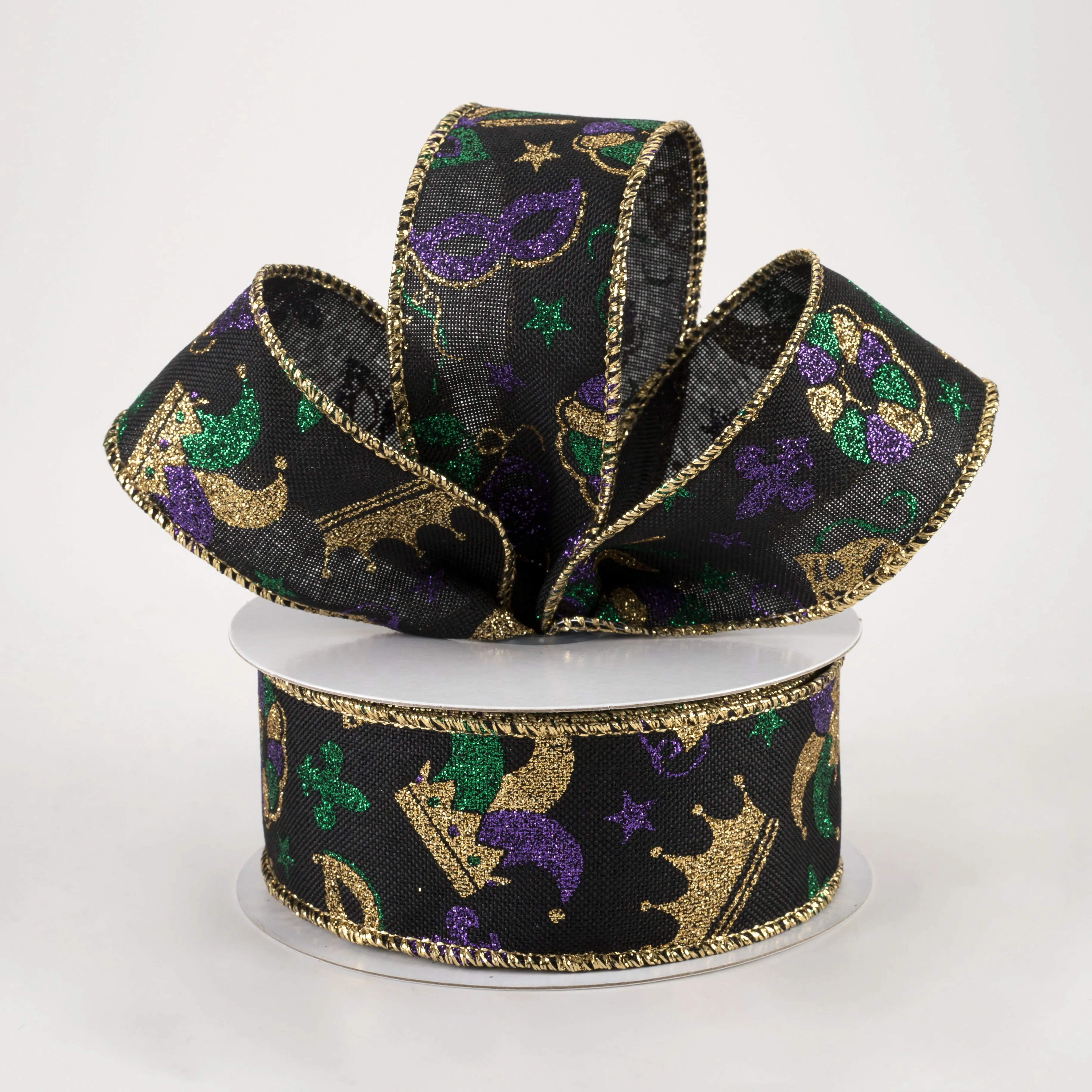 1.5" Mardi Gras Pattern Ribbon: Black (10 Yards)