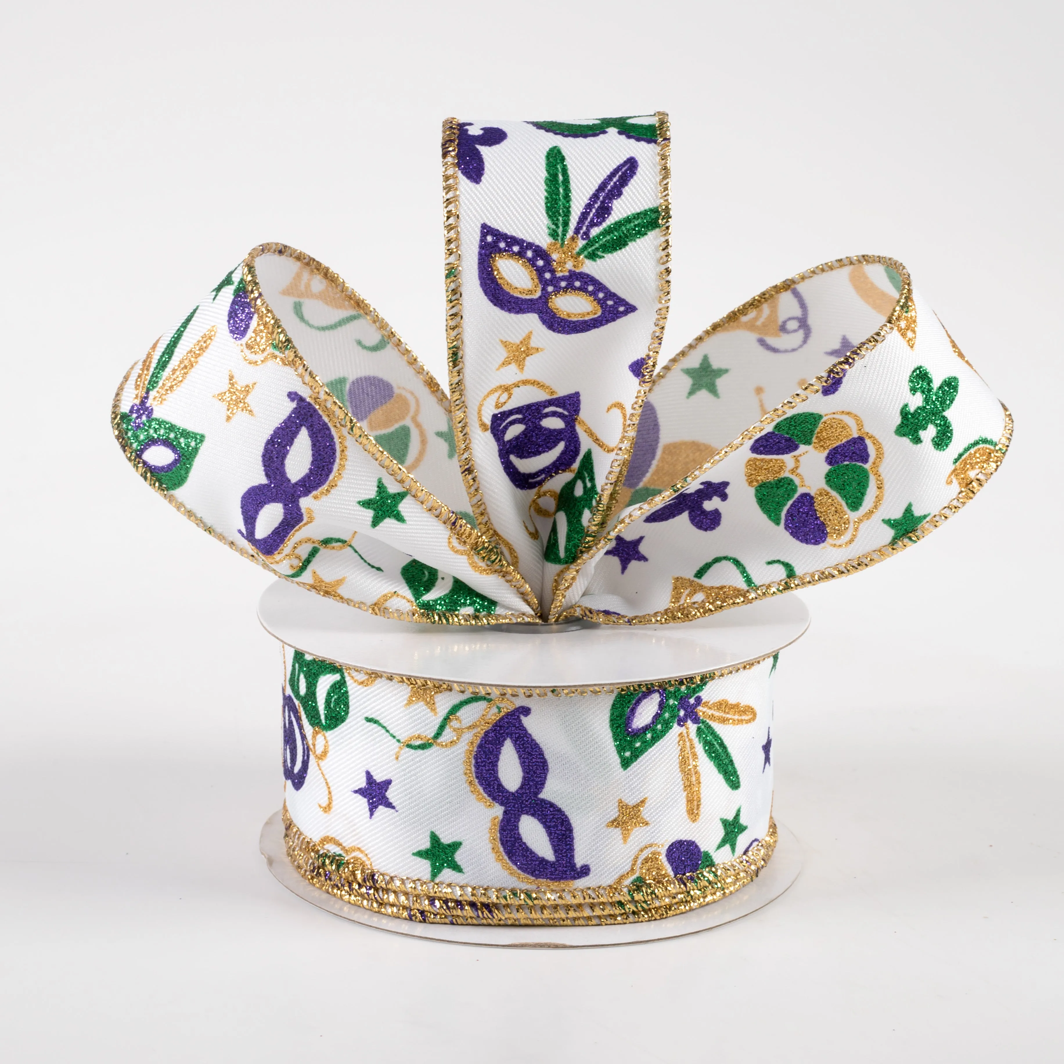 1.5" Mardi Gras Pattern Ribbon: White, Purple, Gold, Emerald (10 Yards)