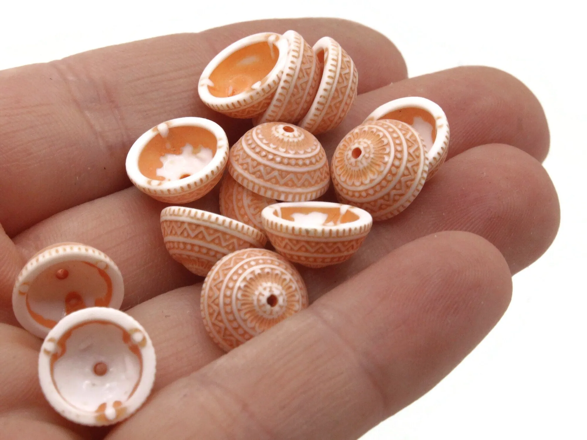 18 11mm Orange and White Patterned Vintage Plastic Bead Caps