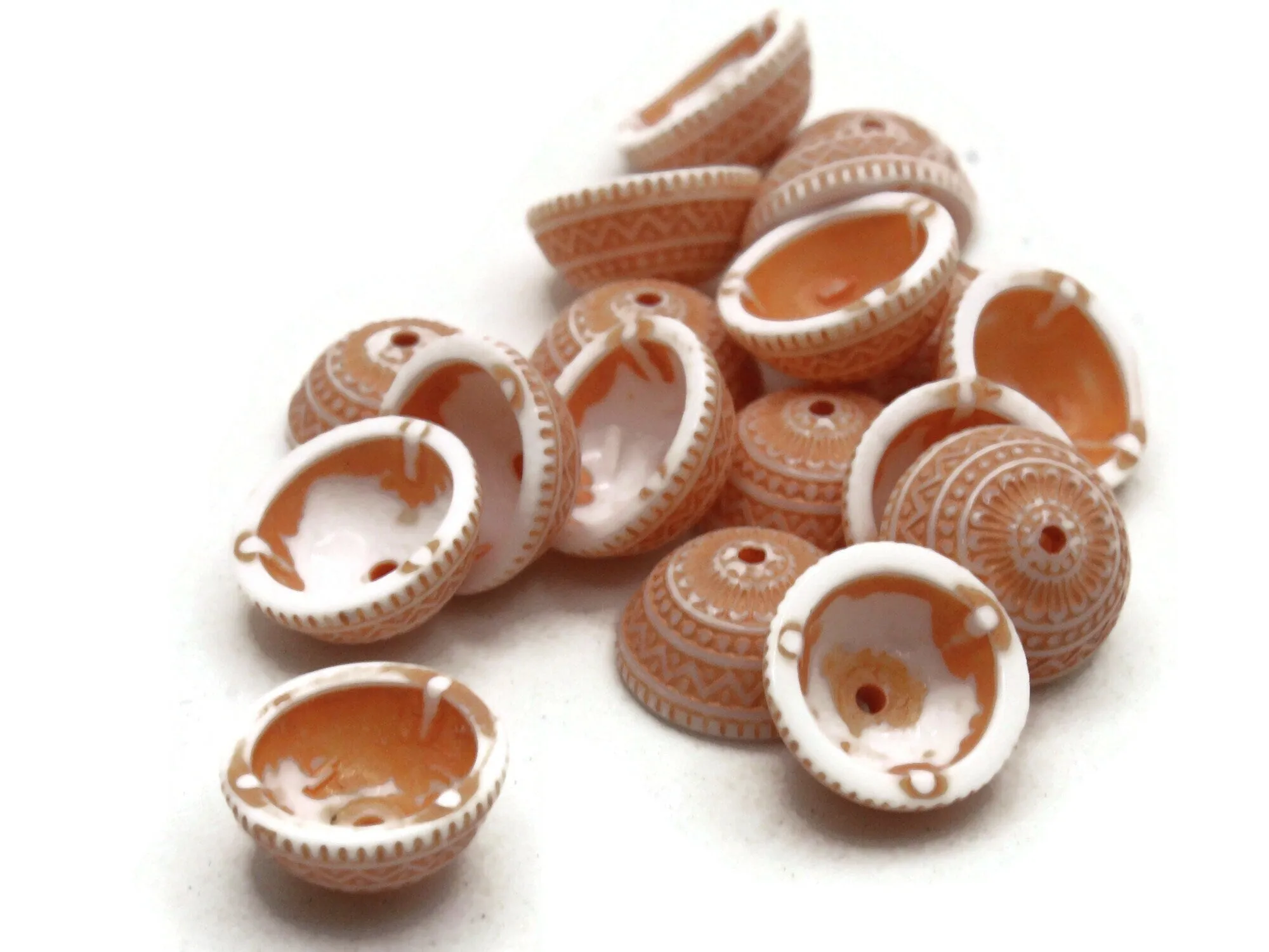 18 11mm Orange and White Patterned Vintage Plastic Bead Caps