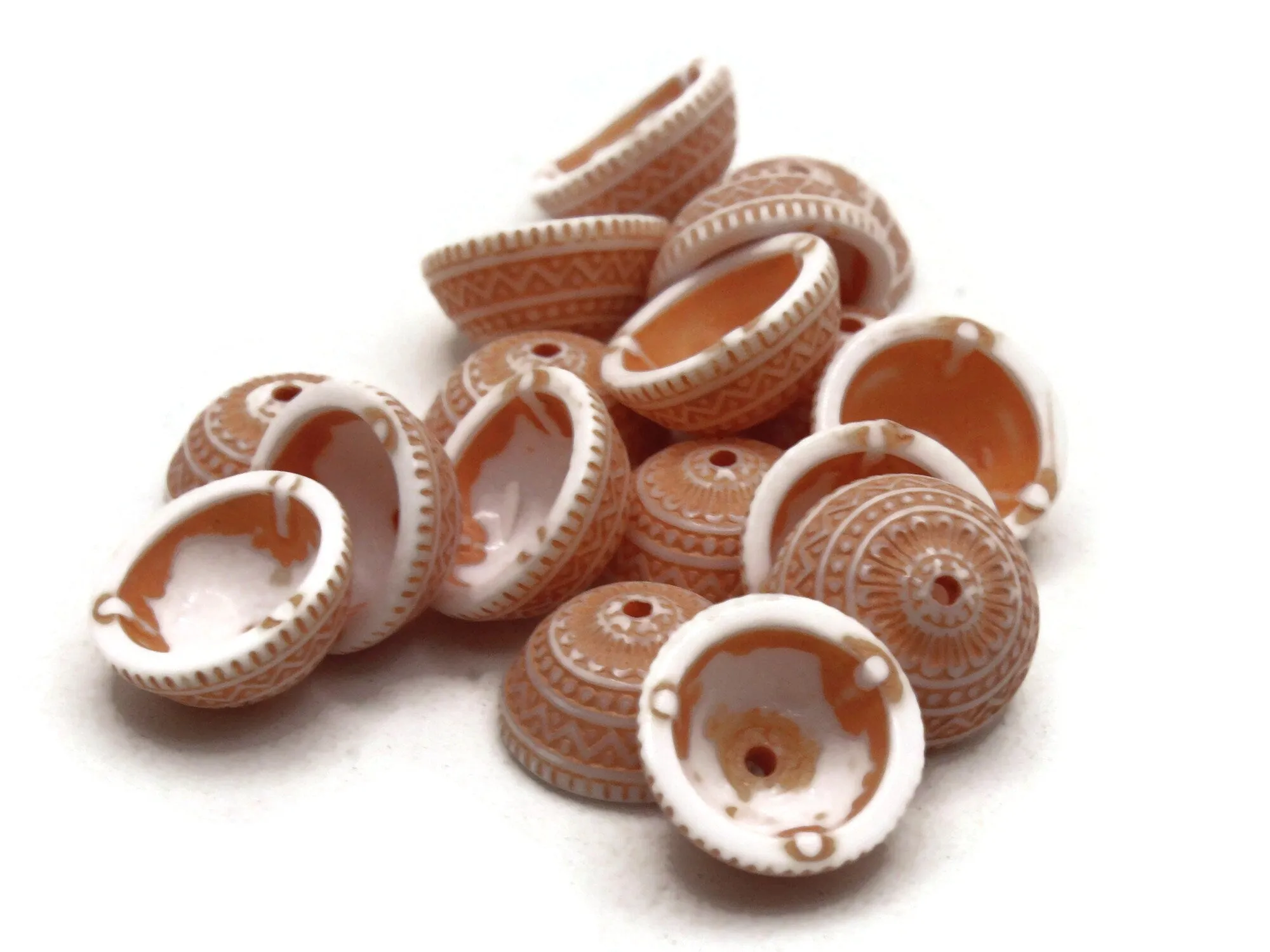 18 11mm Orange and White Patterned Vintage Plastic Bead Caps