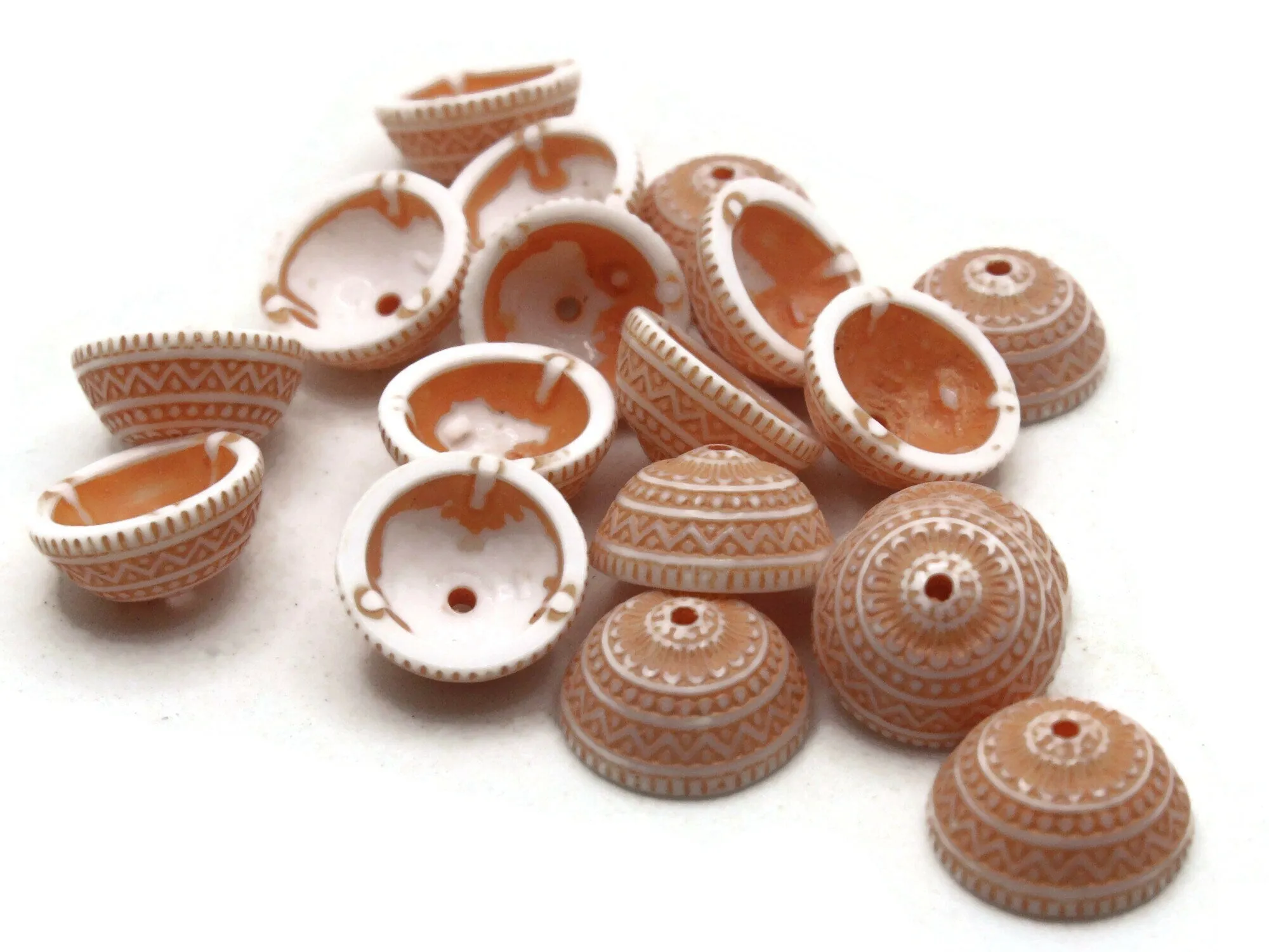 18 11mm Orange and White Patterned Vintage Plastic Bead Caps