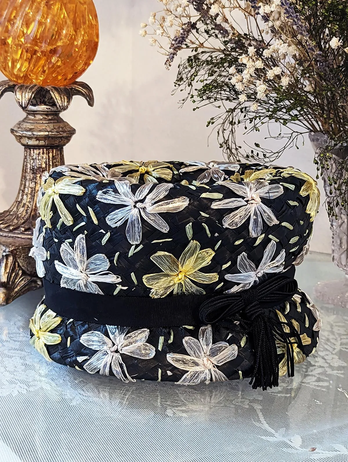 1960s Vintage Black Woven Floral Bucket Hat