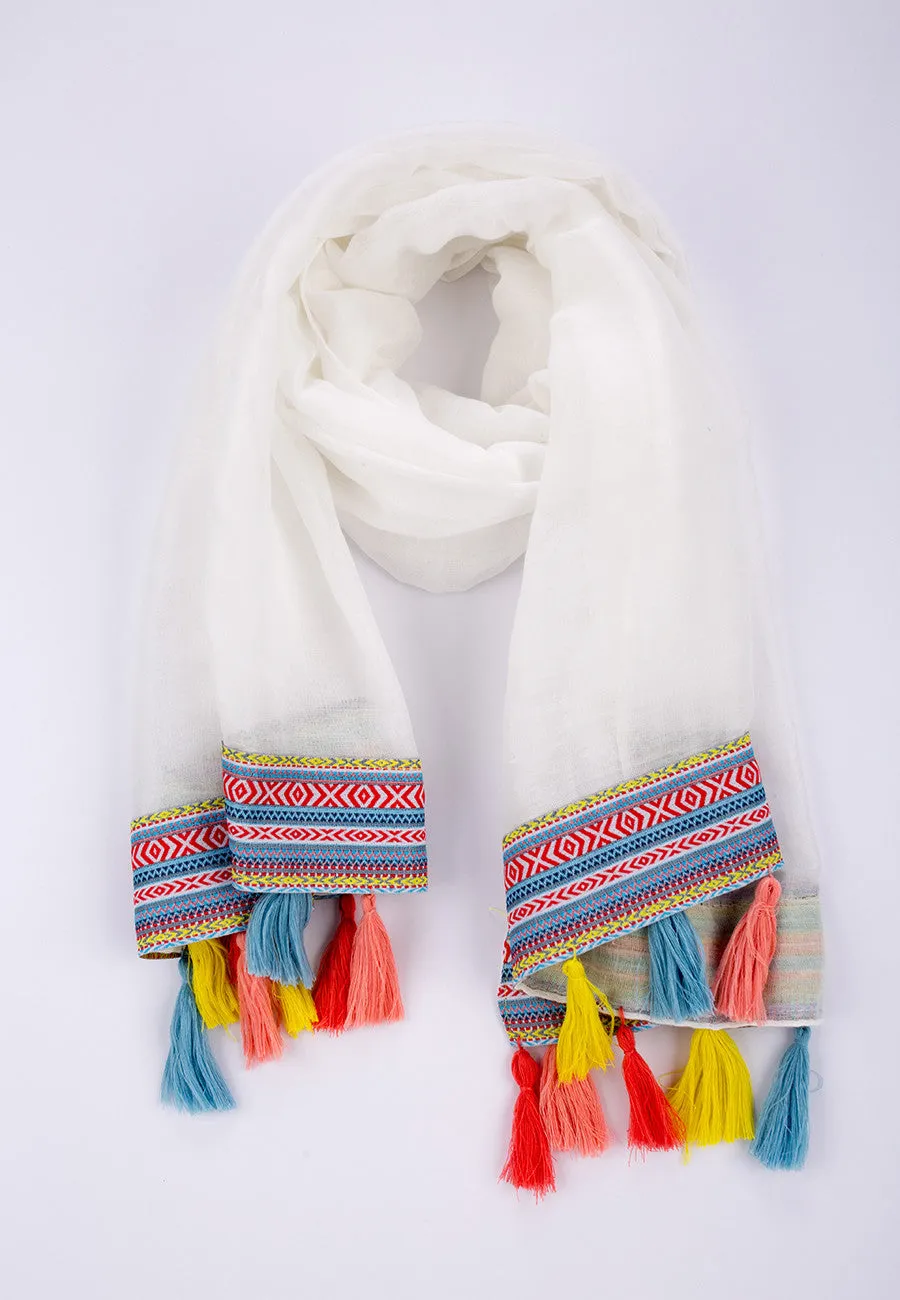 AZTEC PRINT SCARF WITH COLOURFUL TASSELS