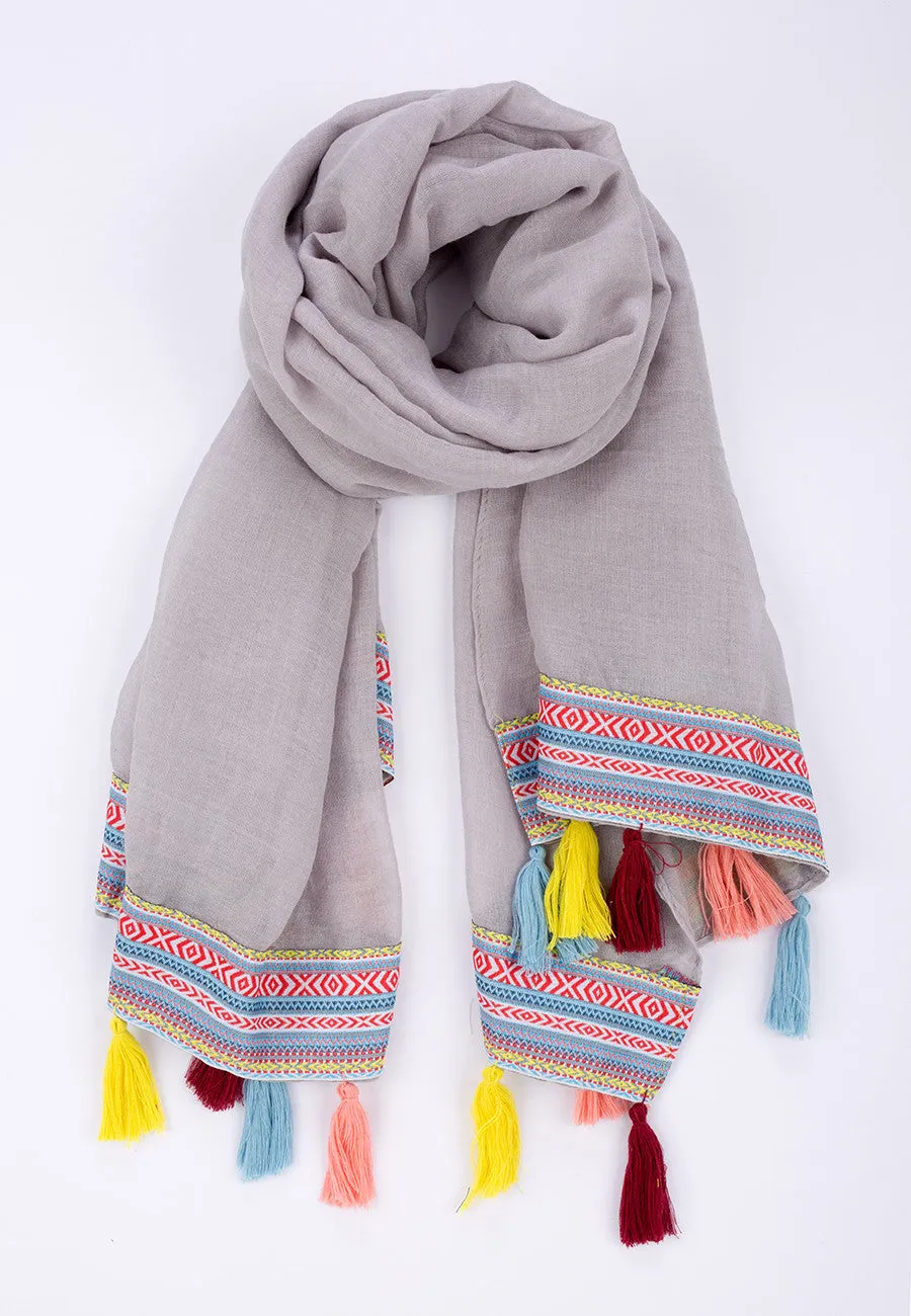 AZTEC PRINT SCARF WITH COLOURFUL TASSELS