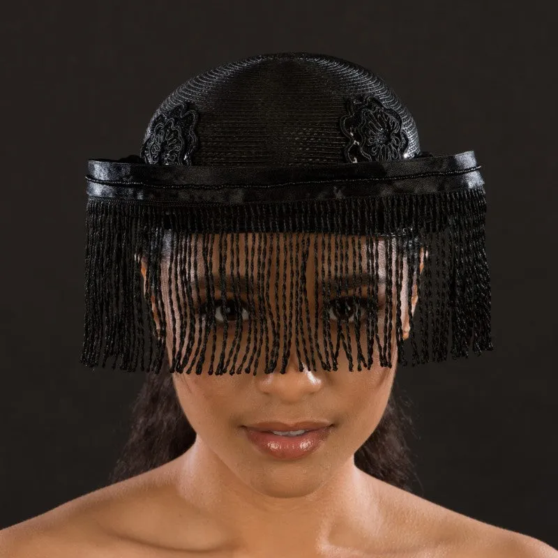 BW9034-Black Fringed Veil Dress Hat for women (sample sale)