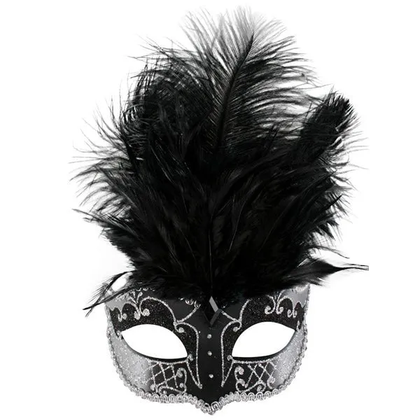 Carmela White & Black with Feathers Masquerade Eye Mask