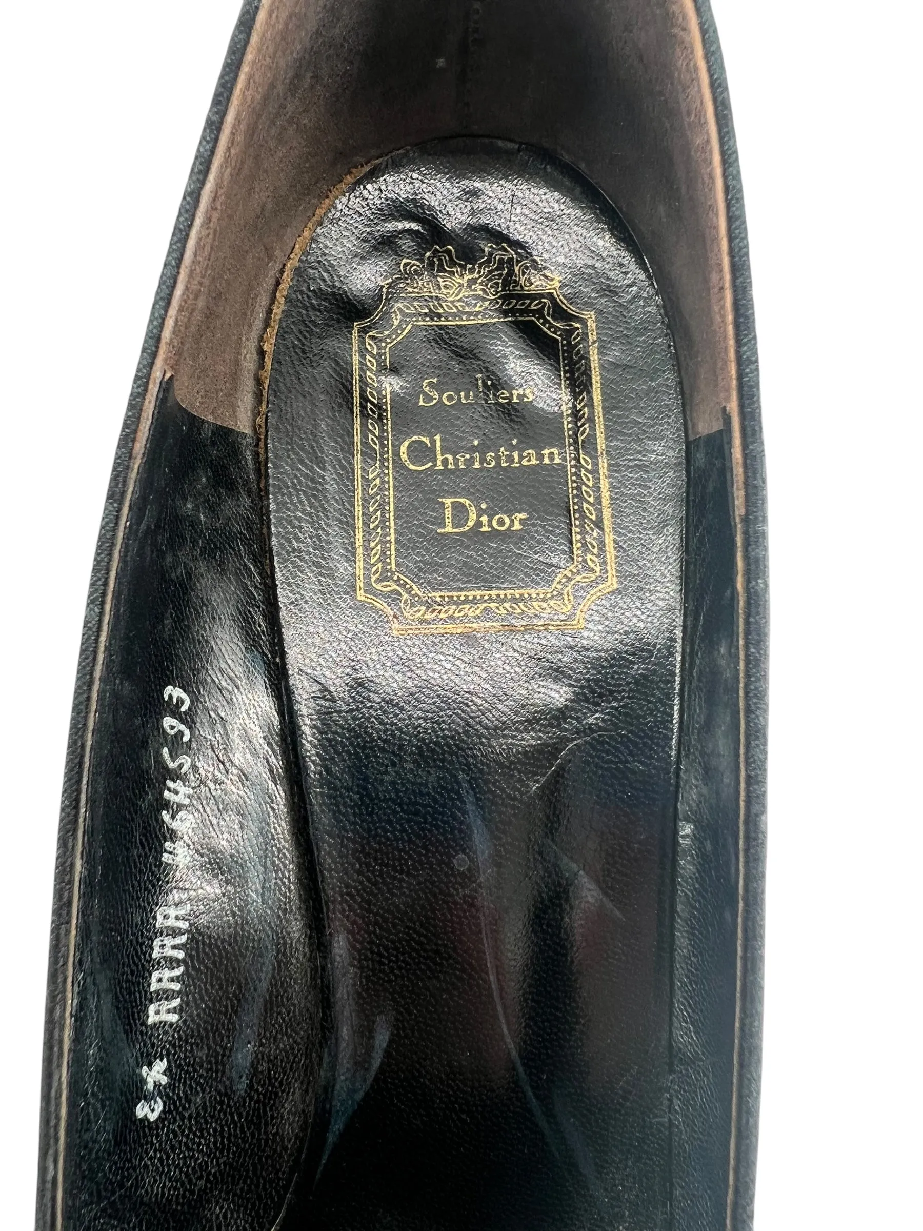 Christian Dior Late 60s Black Satin Bow Front Rhinestone Buckle Pumps, 8 1/2