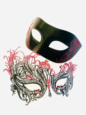 Couples Glitter Filigree Masks - Red/Black