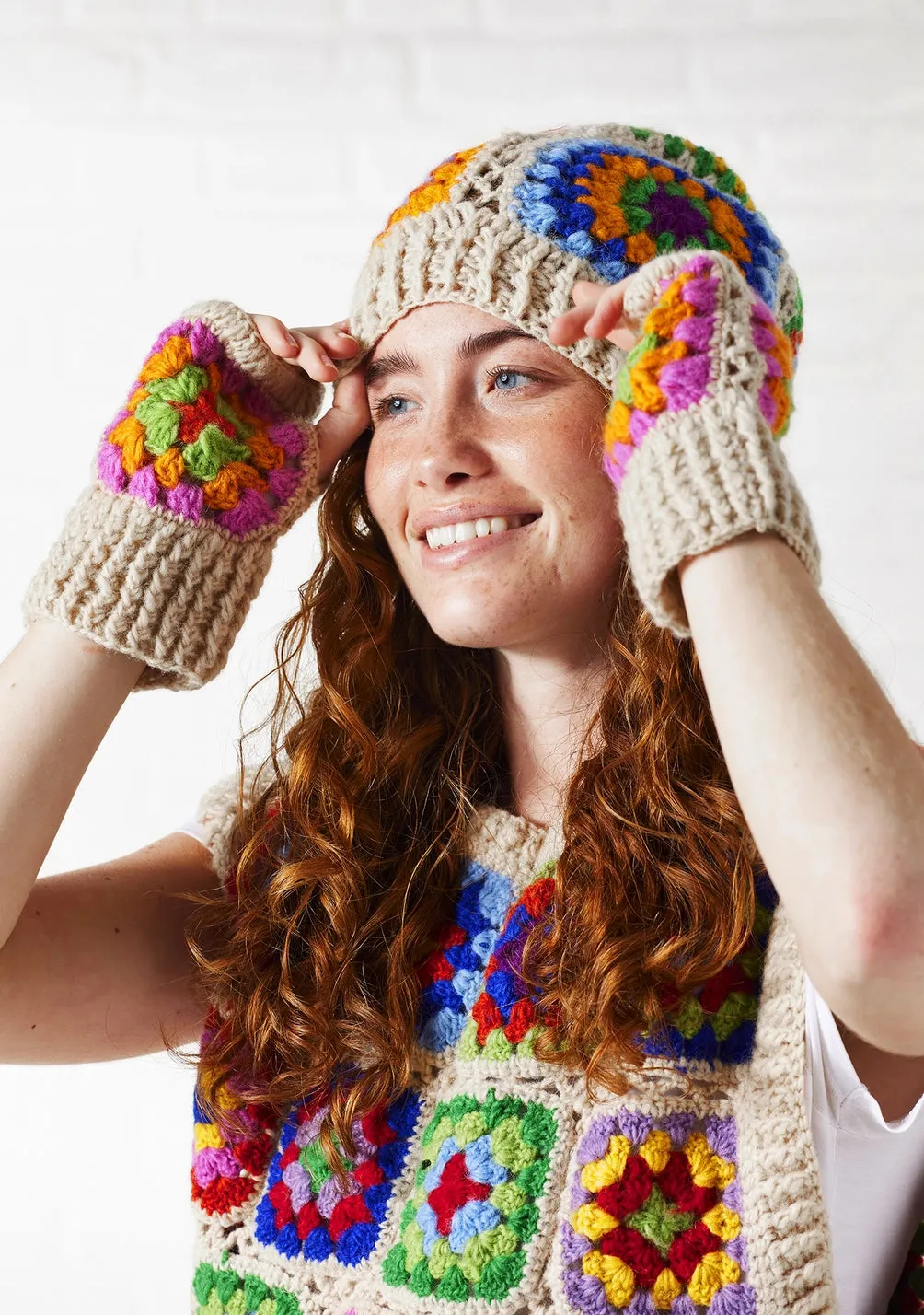 Granny Square Wool Boho Hand Warmers / Fingerless Gloves - Cream