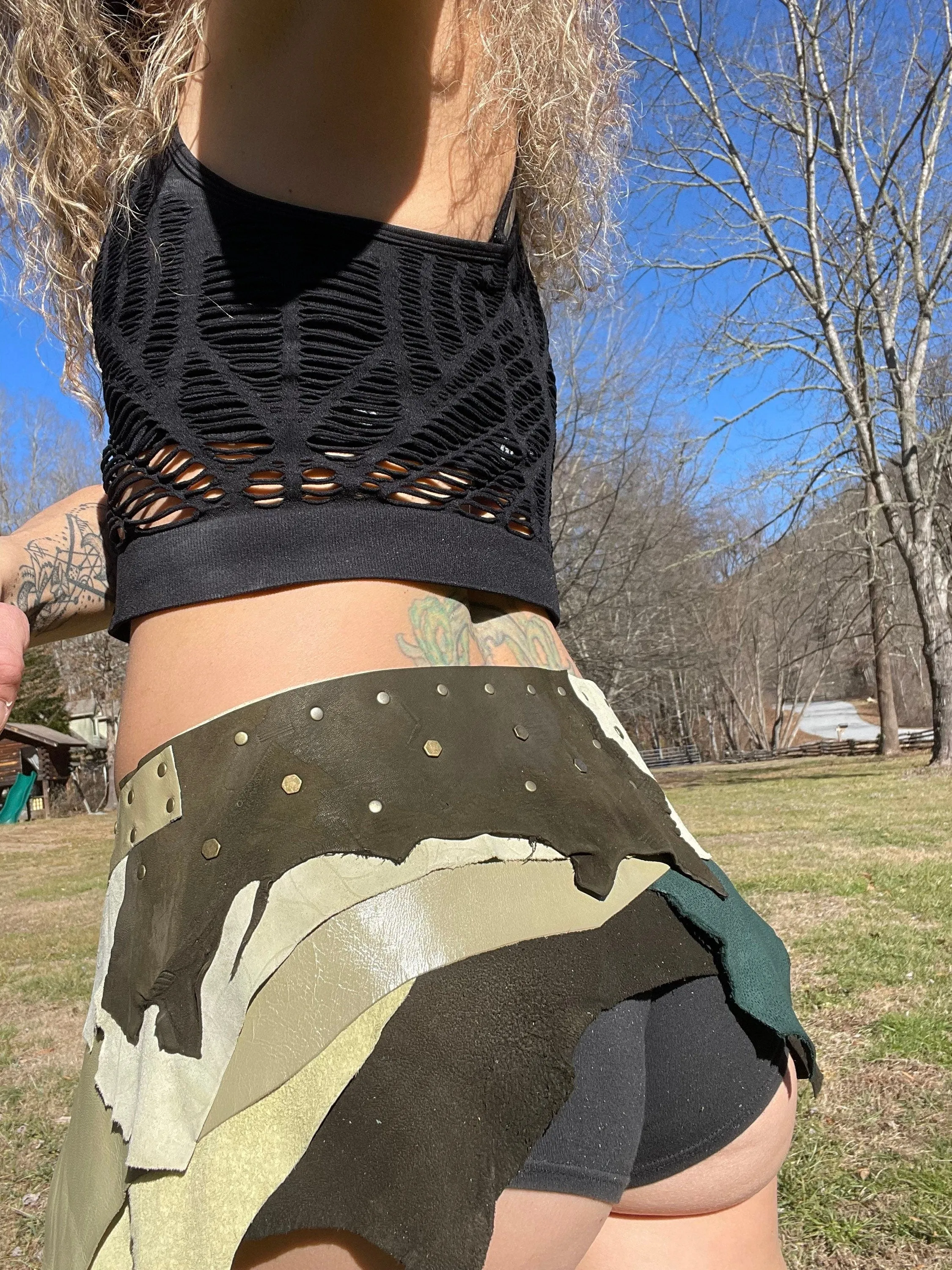 GREEN GRASS, Leather Patchwork Skirt, Steampunk Belt, Viking Costume, Warrior Belt, Burning Man Belt