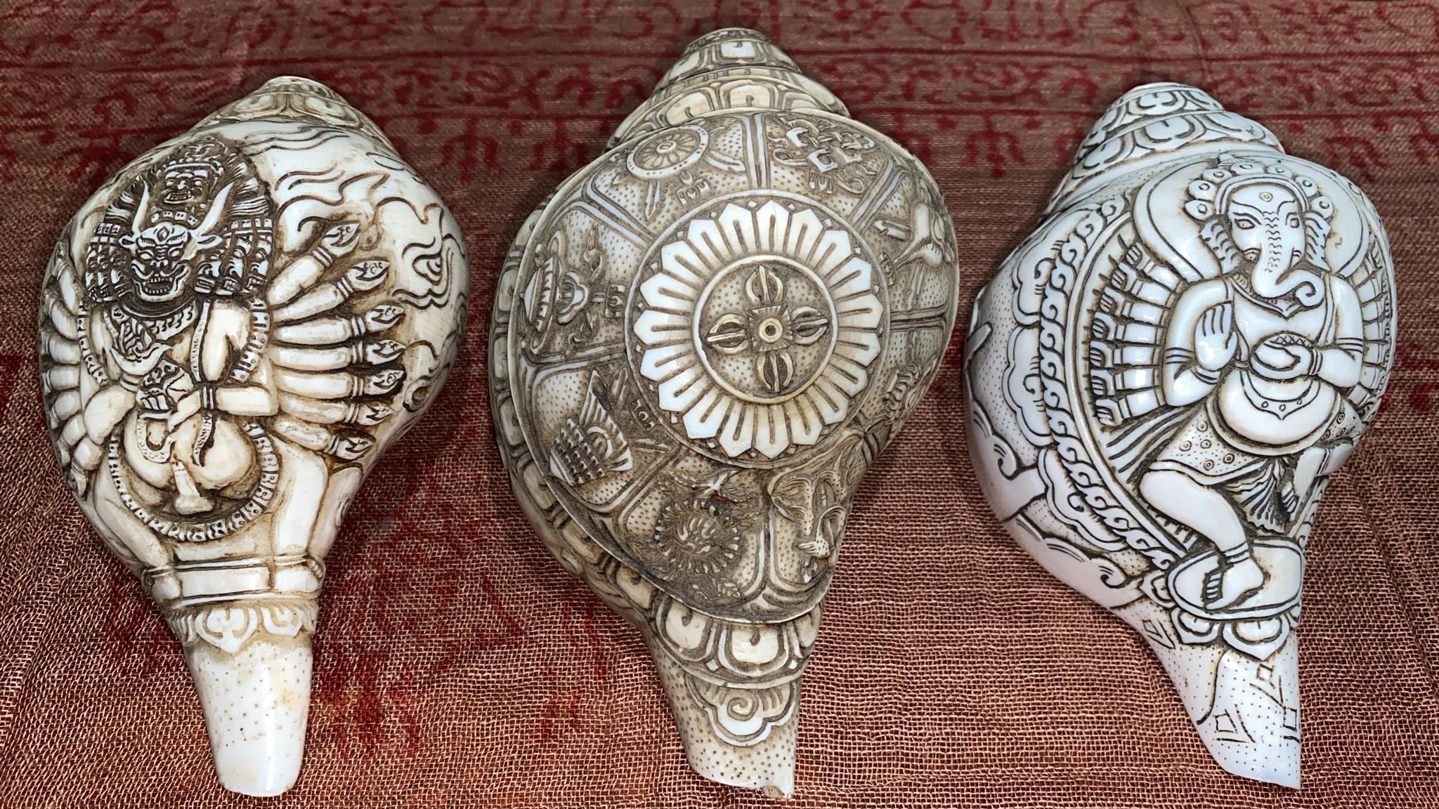 Hand-Carved Conch Sankha Shell Assorted Deities & Iconography (L)