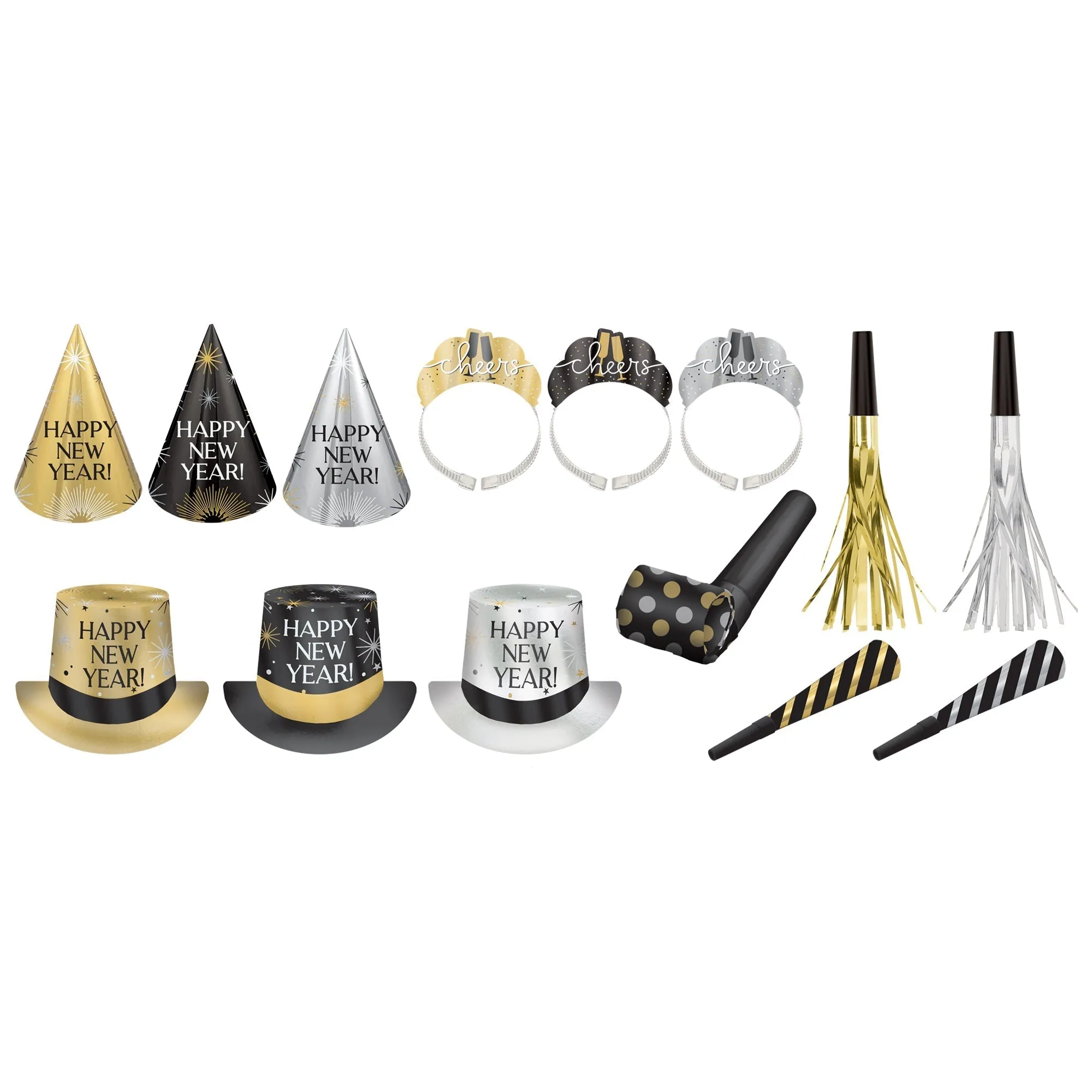 Happy New Year Party Kit for 100 Person, Black, Gold and Silver, 1 Count