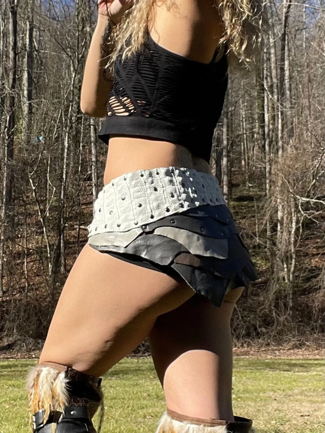 NOVA, Unique Grey Leather Goddess Skirt - Ideal for Burning Man, Fairy, Rave, Viking Looks