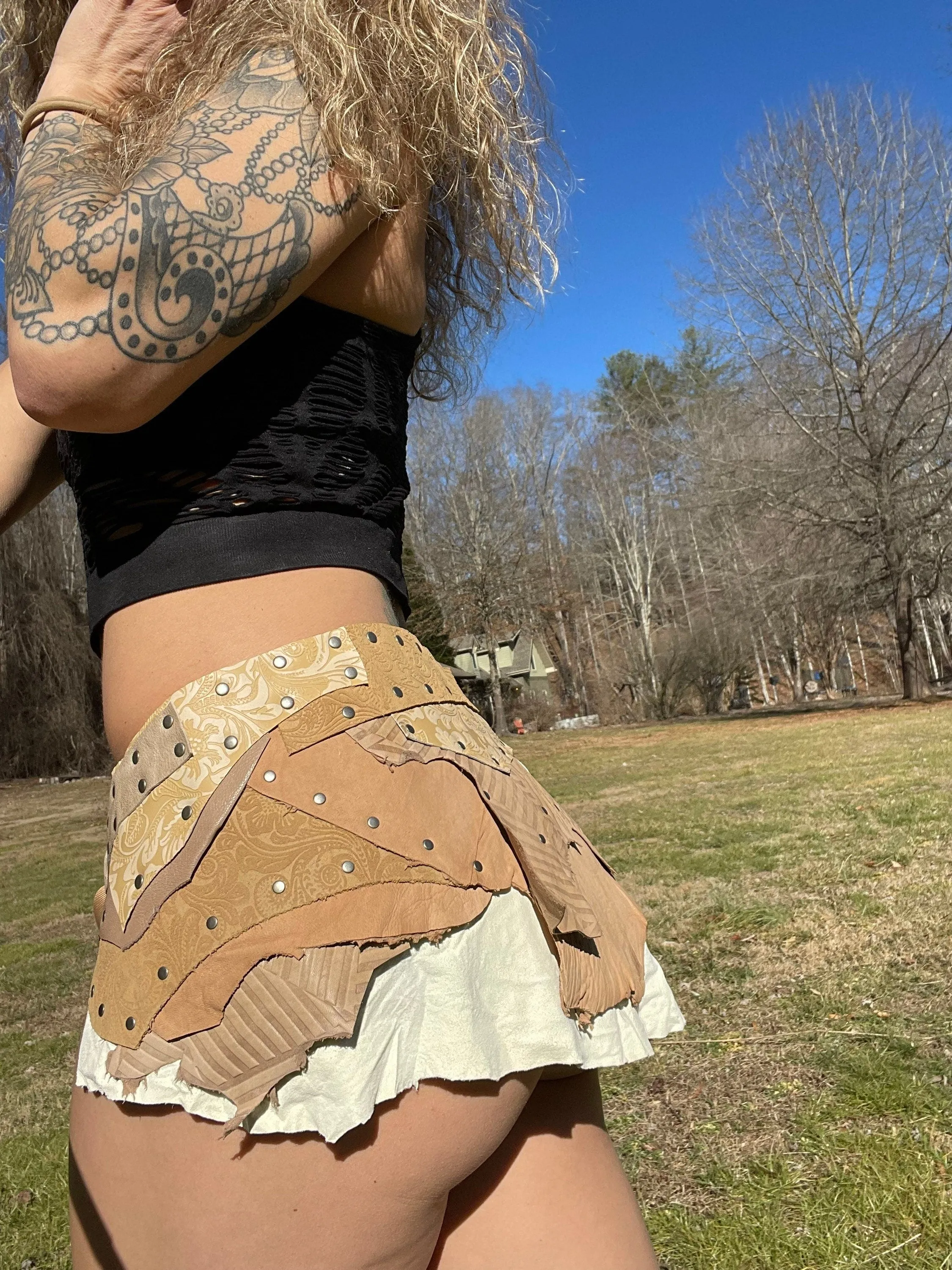 PAISLEY TEA, Beige Leather Patchwork Skirt, Steampunk Belt, Viking Costume, Warrior Belt, Burning Man Belt