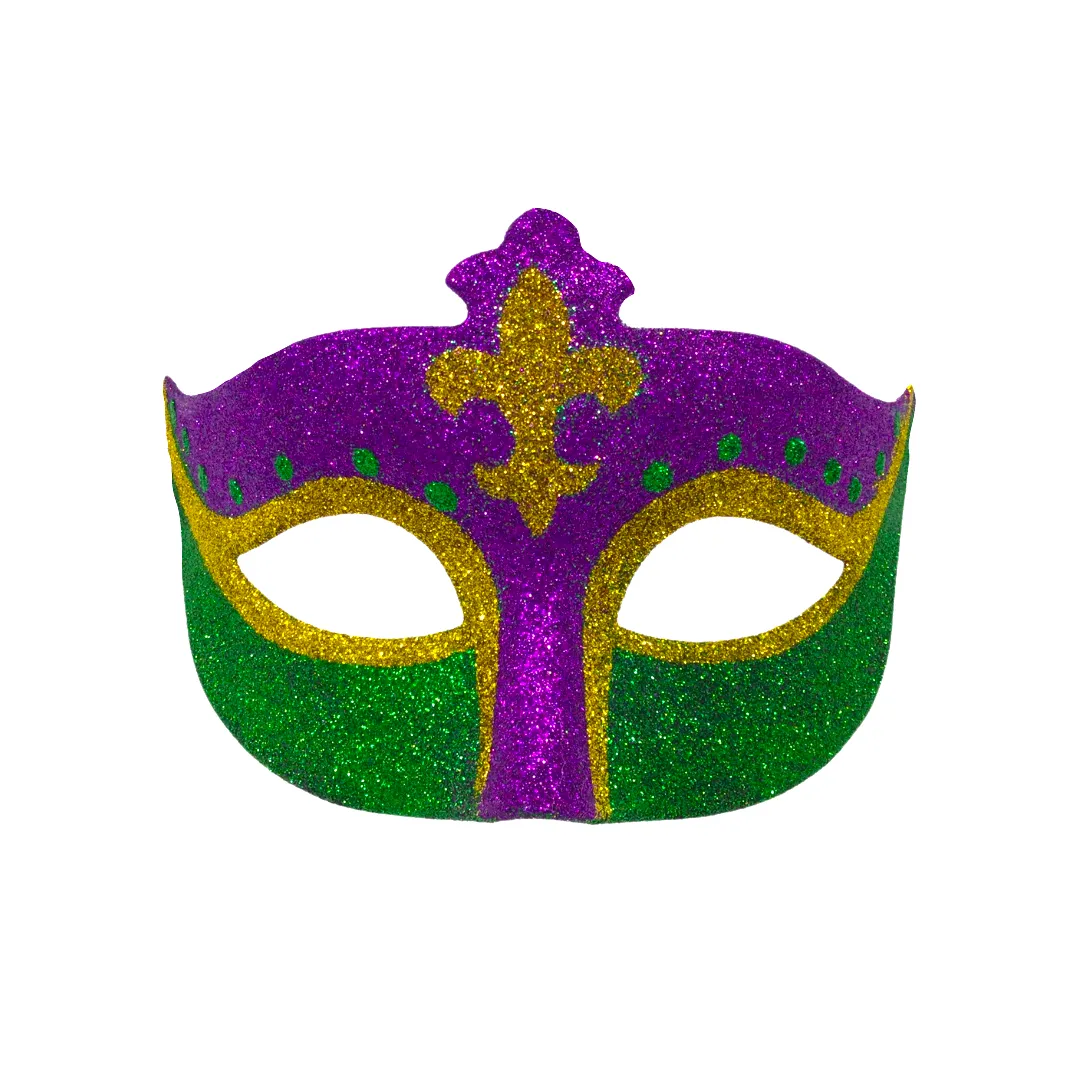 Purple, Green, and Gold Mardi Gras Glitter Mask with Fleur de Lis (Each)