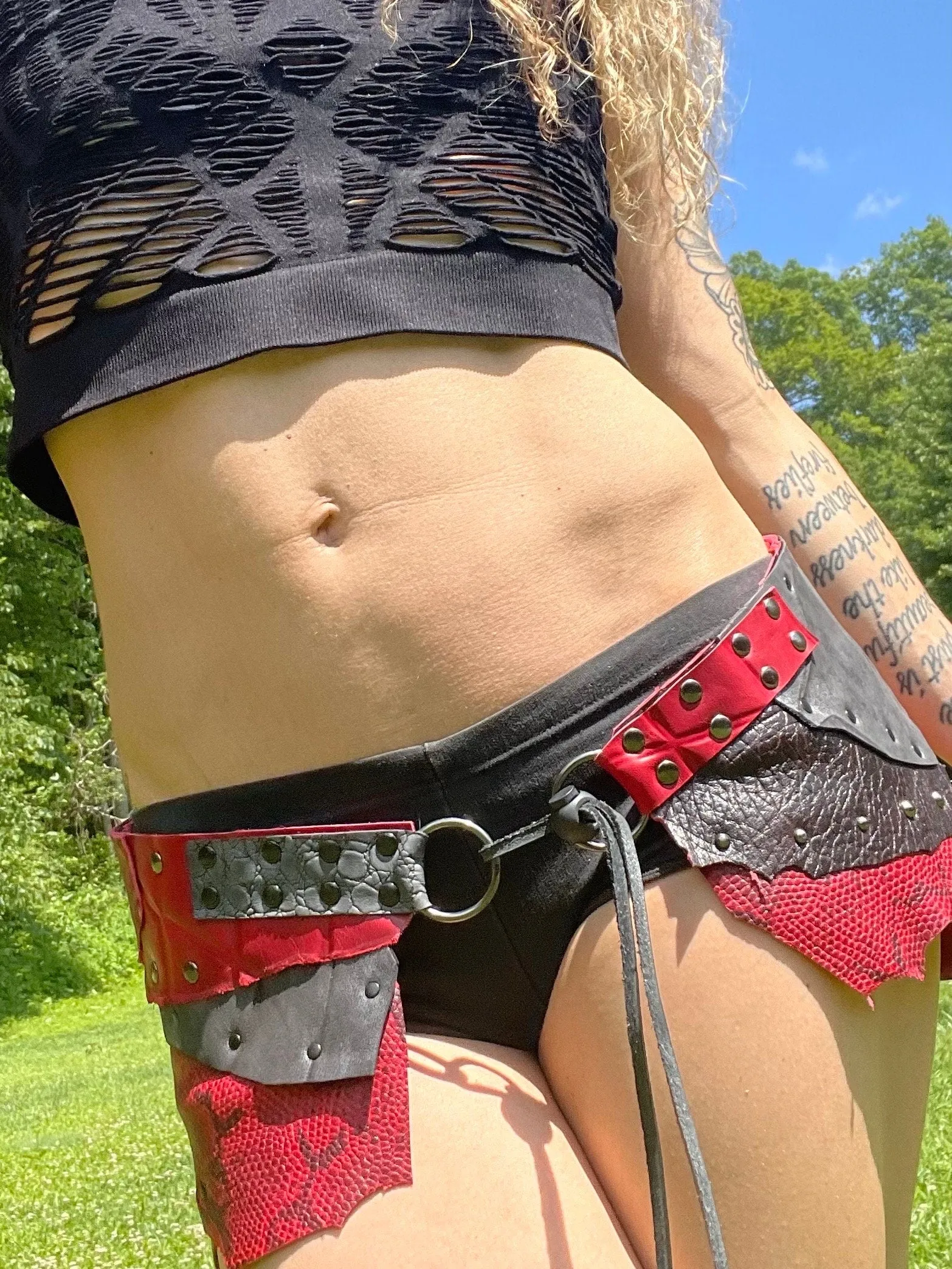 RED RAVEN, Sexy Red and Black Leather Skirt, Leather Utility Belt, Burning Man Skirt, Pirate Costume, Rave Costume, Viking Belt