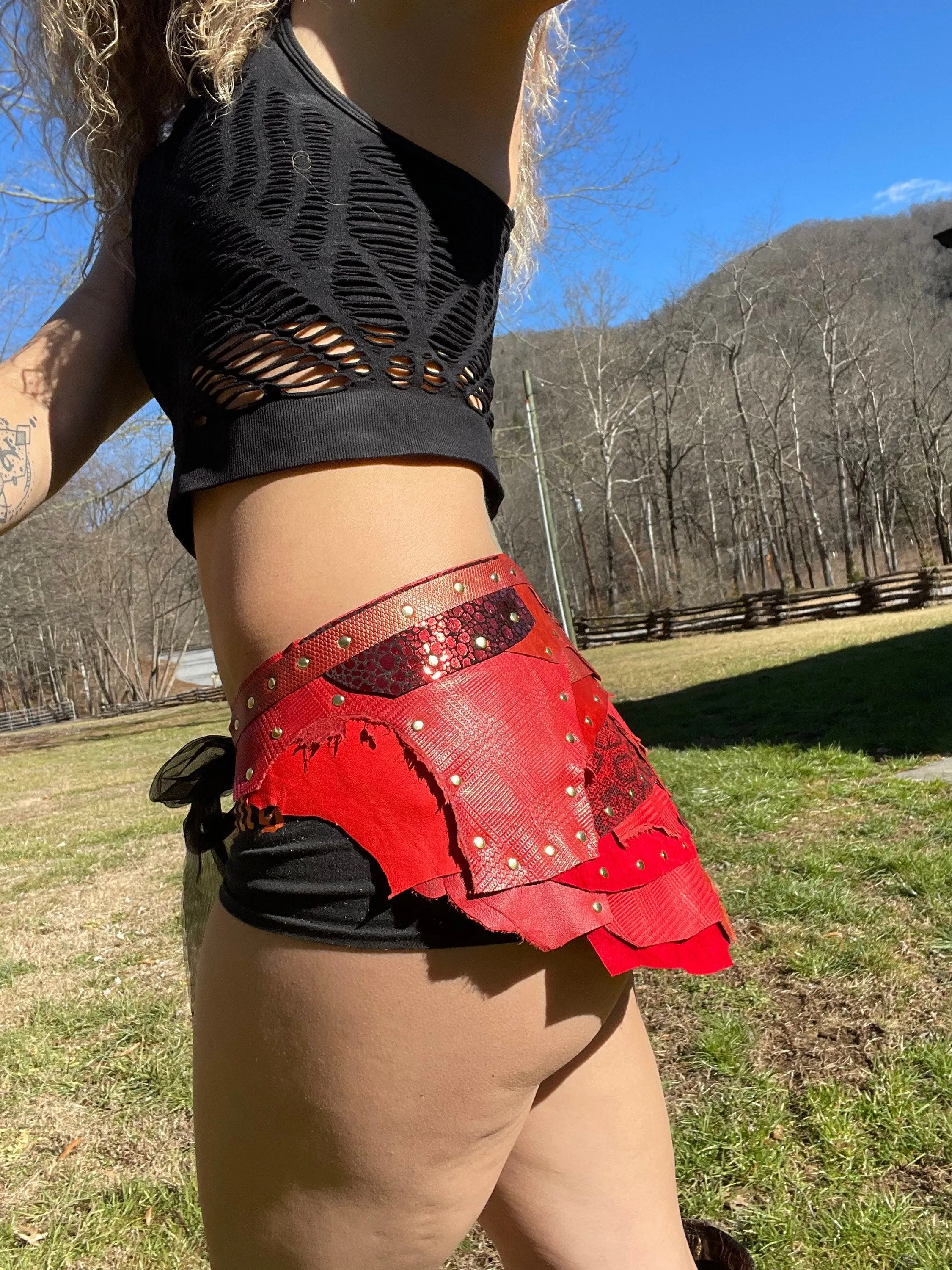 RED WAVES, Leather Warrior Skirt, Burning Man Costume, Fairy Belt, Sexy Rave Costume, Viking Belt