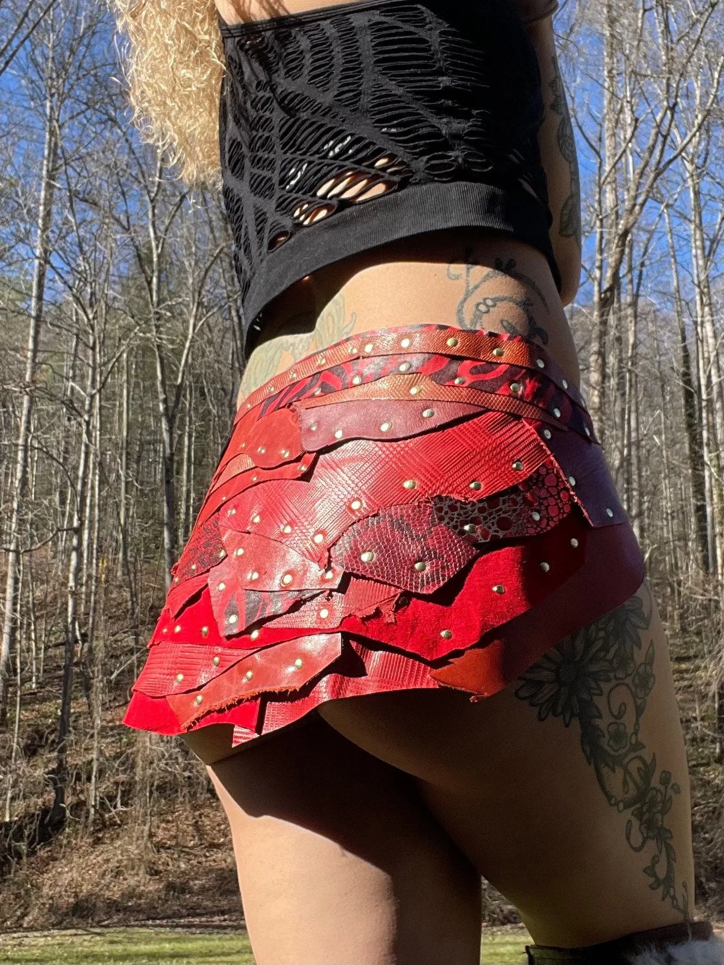 RED WAVES, Leather Warrior Skirt, Burning Man Costume, Fairy Belt, Sexy Rave Costume, Viking Belt