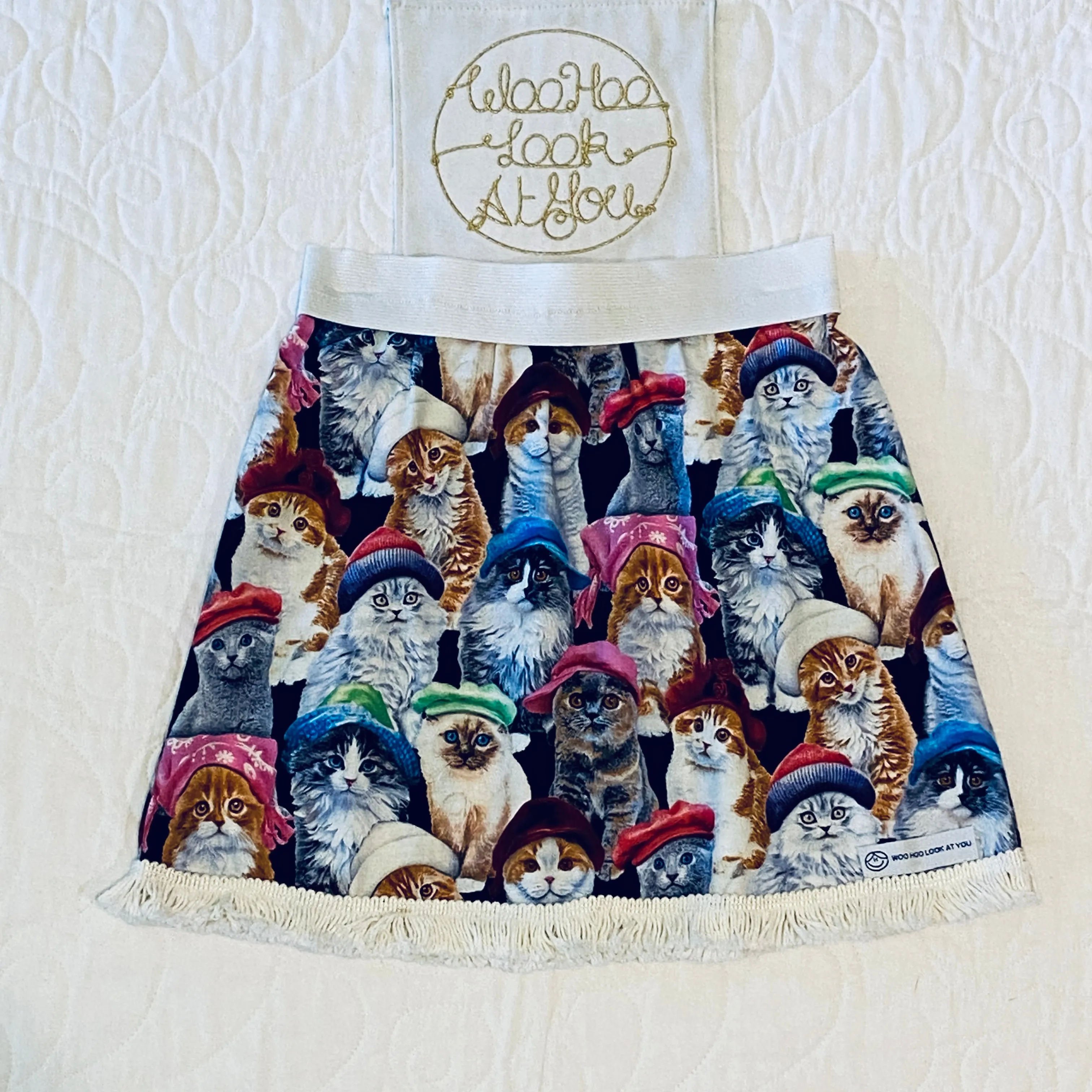 Skirt - Added Elastic Waistband, Colourful Cats with White Fringe